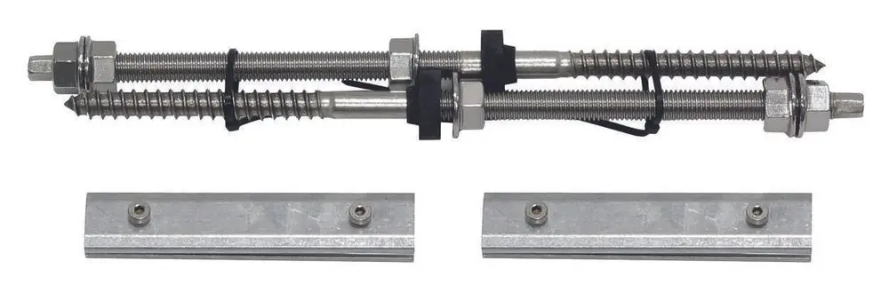 Zwei Stockschrauben mit Unterlegscheiben und Muttern, verbunden durch Gummibänder, zur Verwendung in Dachankersystemen, passend für Produkte von Vaillant.